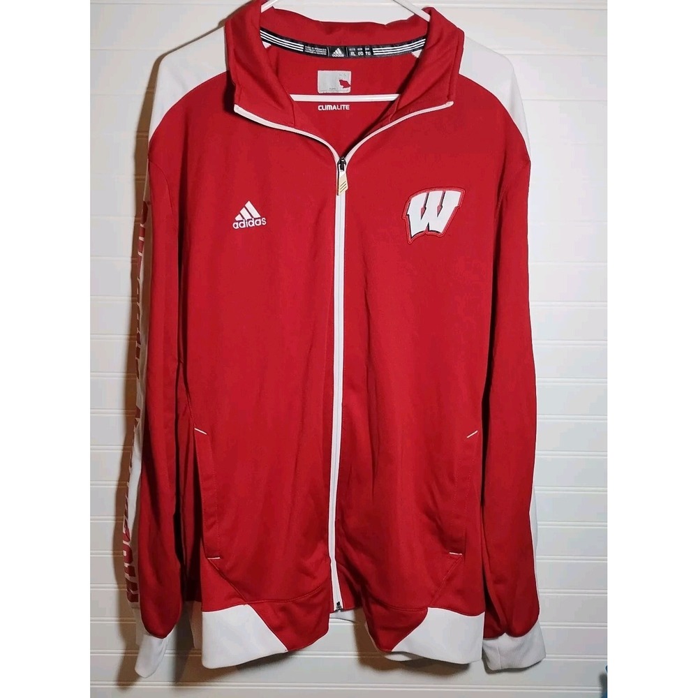 Wisconsin Badgers Full Zip Jacket Mens Xlg Adidas Red Spell Out Track Warm Up